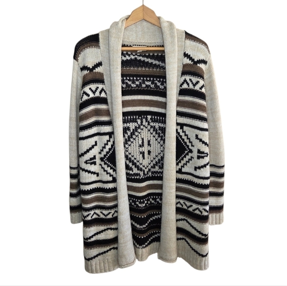 JJ Basics Beige Brown Black Aztec Western Open Front Cardigan Sweater Size Large